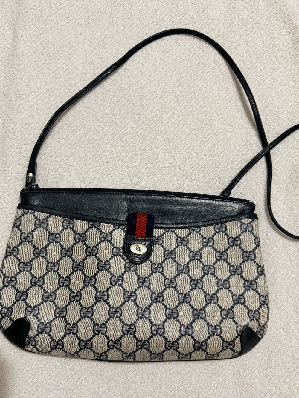 Gucci Navy and Beige GG Canvas Shoulder Bag with Red-Navy Web